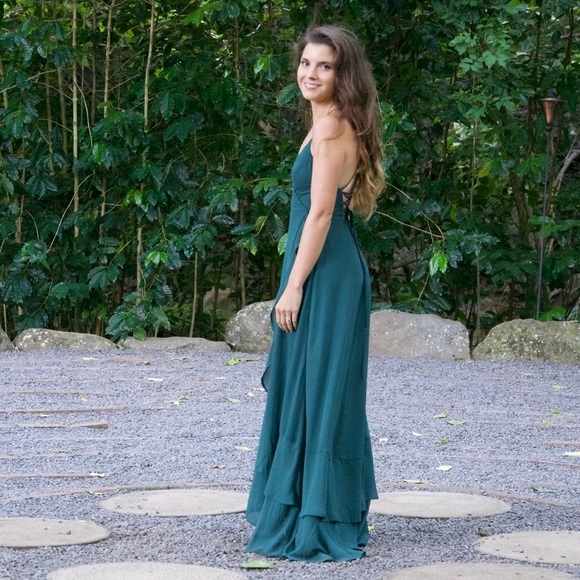 LULUS In Love Forever Emerald Green Lace-Up High-Low Maxi Dress - Picture 8 of 9